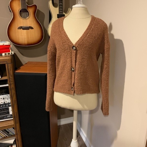Essentials by Full Tilt at PAC Sun. Fuzzy three button cardigan brown tones - Picture 4 of 5